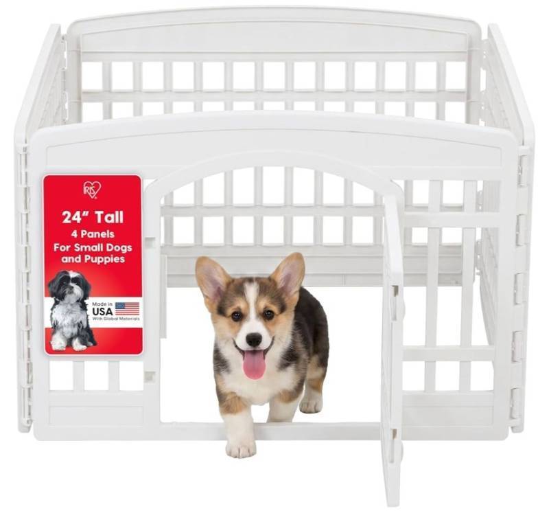 lot 29644 image: IRIS USA 4-Panel Dog Playpen, Pet Enclosure, WhitePuppy Training, Configurable Layout, Multi-Shape Setup, Custom Pen Configuration, Secure Door Latch, Stable Non-Tip Base - Retail $50