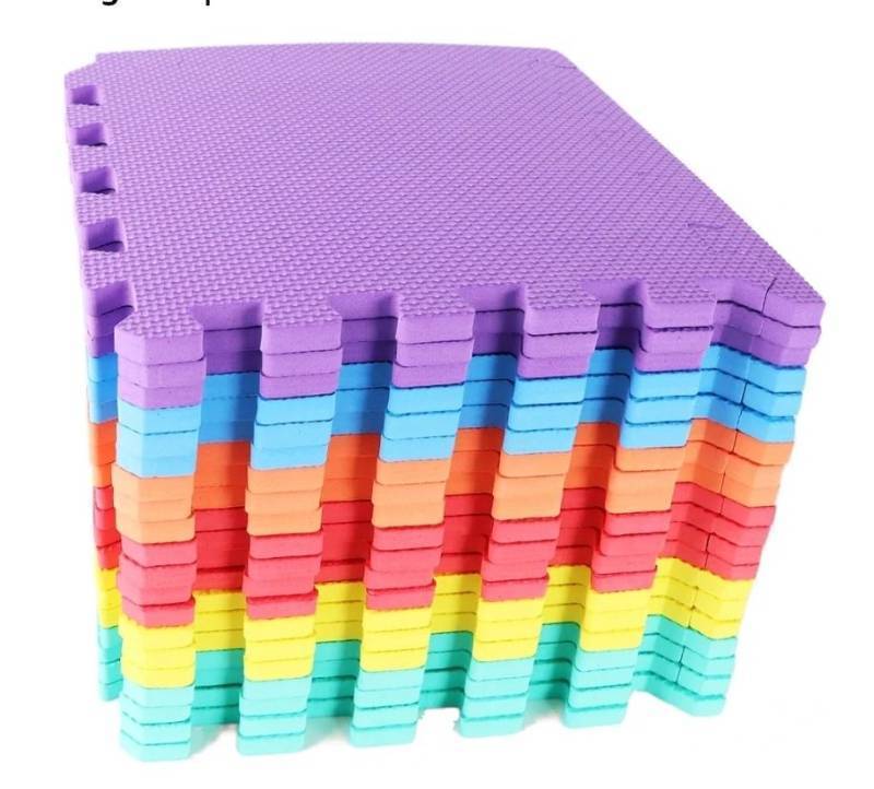 lot 29608 image: Gym Mats Colorful 18 pcs Floor Mats with Edge Pieces, High-Density EVA Foam Anti-Fatigue Mat - Retail $40