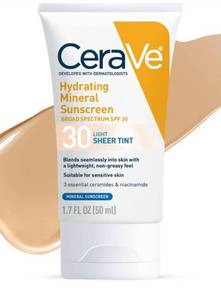 lot 47635 image: CeraVe Hydrating Mineral Tinted Face Sunscreen Lotion - SPF 30 - Light - 1.7 fl oz - Retail $15
