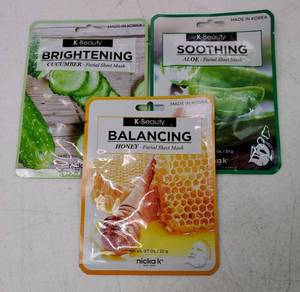 lot 47697 image: K-Beauty Facial Sheet Mask 20 g Set of 3 Cucumber, Aloe, Honey. - Retail $10