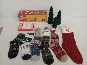 lot 13105 image: Christmas Decor Lot Mini Tree Box, Knit Stocking H, Socks, Cards, Figures