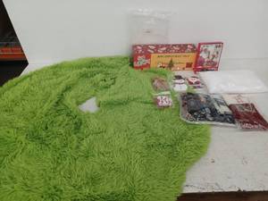 lot 13109 image: Christmas Decor Lot SY Craft Mini Tree, Green Faux Fur Tree Skirt, Socks, Stocking