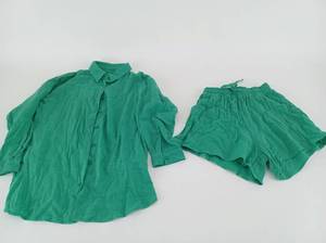 lot 13217 image: Green Two-Piece Button-Up Shirt and Drawstring Shorts Set