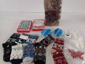 lot 13226 image: Christmas Lot Holiday Cards, Velvet Ornaments, Patterned Socks & Butterflies