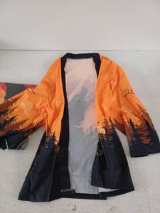 lot 13240 image: Orange and Black Haori-Style Kimono Cardigan w Howling Wolf and Cloud Print, 2 Pack