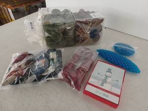 lot 13241 image: Assorted Christmas Lot Ornament Sets, Socks, Tassels, Holiday Cards, Blue Toys
