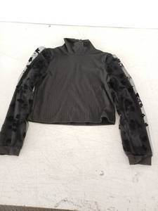 lot 13247 image: Girls Black Ribbed Mock Neck Crop Top w Floral Flocked Mesh Sleeves