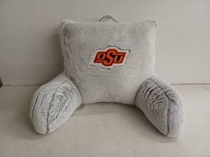 lot 13279 image: NCAA OSU Oklahoma State Plush Backrest Bed Rest Pillow w Arms, Gray Faux Fur, 2 Pack