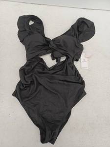 lot 13384 image: Charmo Womens Black Ribbed One-Piece Swimsuit Ruffle Shoulder, Size Large