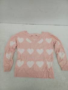 lot 13385 image: Pink Knit V-Neck Sweater w White Heart Pattern, Size Small