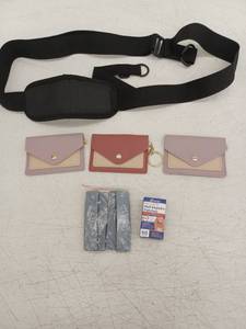 lot 13459 image: Black Padded Shoulder Strap, 3 Card Wallet Keychains & Ximonth Nail Repair Patches Lot