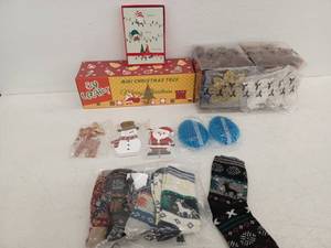 lot 13460 image: Christmas Decor Lot Mini Tree Kit, Ornaments, Cards, Wooden Figures & Socks