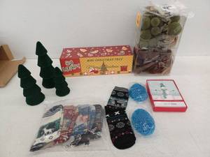 lot 13466 image: Christmas Decor Lot Flocked Trees, Ornaments, Mini Tree Kit, Cards & Socks