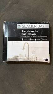 lot 101 image: Glacier Bay Two Handle Pull-Down Kitchen Faucet with Soap Dispenser 1008704987 - Retail $115