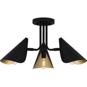 lot 121 image: 20 in. 3-Light Matte Black Semi-Flush Mount with Painted Gold Interior Metal Shades - Retail $95