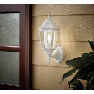 lot 123 image: Hampton Bay 14 in. 1-Light White Hardwired Dusk-to-Dawn Outdoor Wall Light Lantern Sconce with No Bulb Included - Retail $60