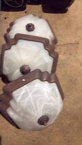 lot 2058 image: Lot of 3 White Glass Light Fixture Shades with Brown Metal Rims&nbsp