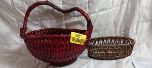 lot 36322 image: Red Primitive woven wicker and rattan basket with a twisted vine branch handle