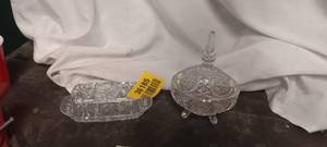lot 36185 image: VIntage Brilliant cut class large footed oval candy dish, VIntage anchor Hocking Prescut Star of David pattern covered butter dish