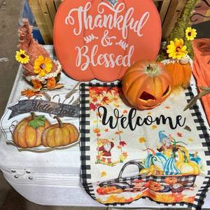 lot 1 image: Fall Harvest Decor Lot Pumpkin Signs, Gnomes, Turkey, Candle Centerpiece, Rug