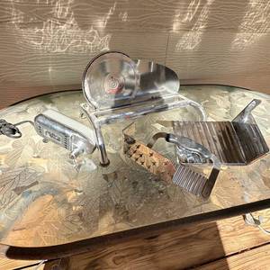 lot 21 image: Food Slicer Set with Electric Motor, Crinkle Cutter and Chute Attachments