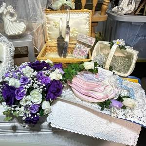 lot 78 image: Got a Groom This is everything else in a Wedding Decor Lot Cake Server Set, Ring Pillow, Flower Basket, Faux Floral, Doilies