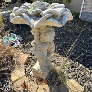 lot 91 image: Garden Birdbath with Flower-Shaped Basin and Figural Column 38H x 22diameter