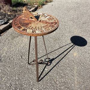 lot 93 image: Round Sundial with Roman Numeral Dial and Tripod Stand 25H x 11.5diameter