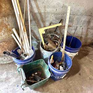 lot 107 image: Lot of Buckets with Assorted PVC Pipe, Yardstick, Framing Square and Hardware