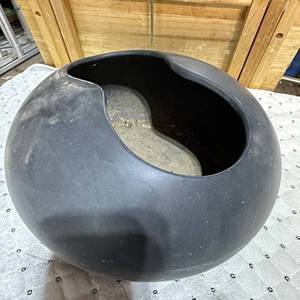 lot 143 image: Round Black Matte Ceramic-Style Vessel with Asymmetric Curved Opening