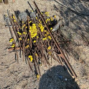 lot 183 image: Fence Posts Lot with Yellow Insulators and Barbed Wire Rolls