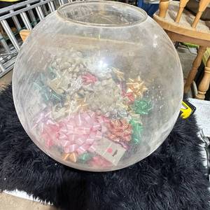 lot 199 image: Large 16in diameter Clear Round Bowl Container with Assorted Gift Bows 14.4 tall