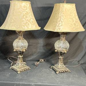 lot 218 image: Pair of Table Lamps Ornate Base Etched Globe Gold Scroll Shade