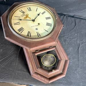 lot 225 image: Seth Thomas Wall Clock with Pendulum and Roman Numeral Dial