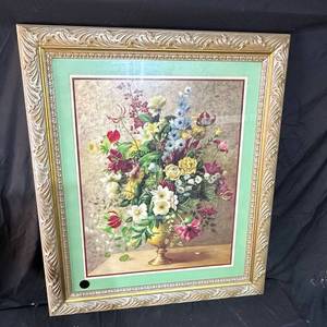 lot 229 image: Framed Floral Vase Picture with Green Mat and Ornate Frame