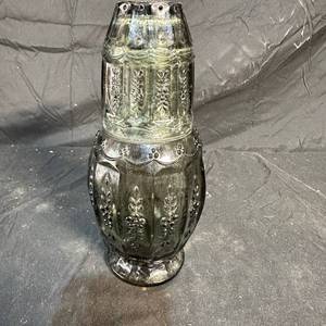 lot 231 image: Dark Gray Glass Bedside Water Carafe with Tumbler, Embossed Floral Pattern