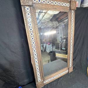 lot 238 image: Wall Mirror with Embossed Frame and Blue Floral Tile Inserts - note dent on side