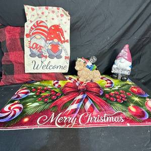 lot 240 image: Lot of 5 Christmas Mat, Welcome Gnome Flag, Check Pillow, Gnome Figures