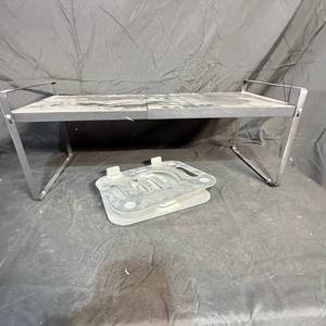 lot 247 image: Black Expandable Shelf Riser with Silver Swivel Base Stand, 2 Piece Lot