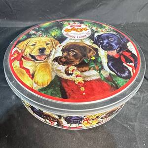 lot 299 image: Gourmet Select Holiday Sugar Cookie Tin Round Lid with Labrador Puppies