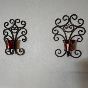lot 318 image: Pair Metal Scroll Wall Candle Sconces with Red Mosaic Glass Cups