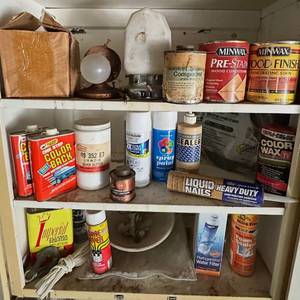 lot 321 image: Contents of Cabinet Assorted Lot of Paints, Stains, Sealants, Adhesives and Automotive Chemicals - bring your own box to load