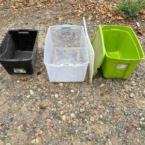 lot 353 image: Lot of 3 Storage Totes2 lids Sterilite 105 Qt 1929, HDX 20 Gallon, Flip Top Tote 12
