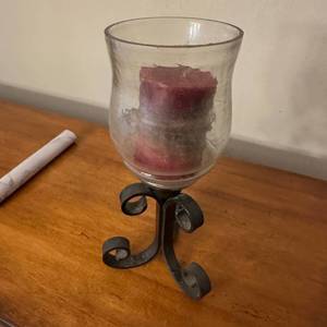 lot 366 image: Clear Glass Candle Holder with Dark Scrolled Stand