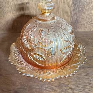 lot 370 image: Covered Dish with Dome Lid and Scalloped Plate, Iridescent Amber, Embossed Rose Pattern