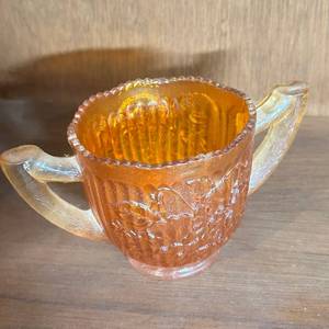 lot 371 image: Iridescent Orange Two-Handle Open Sugar Bowl Floral Embossed Pattern