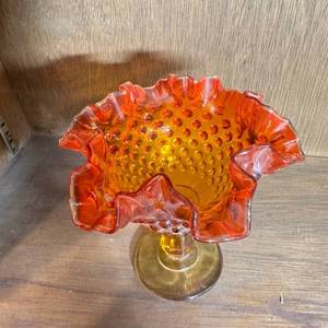 Fenton Amber Hobnail Ruffled Pedestal Bowl