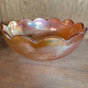 lot 374 image: Iridescent Orange Glass Bowl with Scalloped Rim and Textured Leaf Pattern