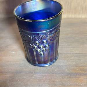 lot 376 image: Blue Iridescent Glass Tumbler with Grape and Leaf Pattern