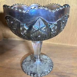 lot 377 image: Iridescent Pressed Pattern Glass Pedestal Compote Bowl with Sawtooth Rim